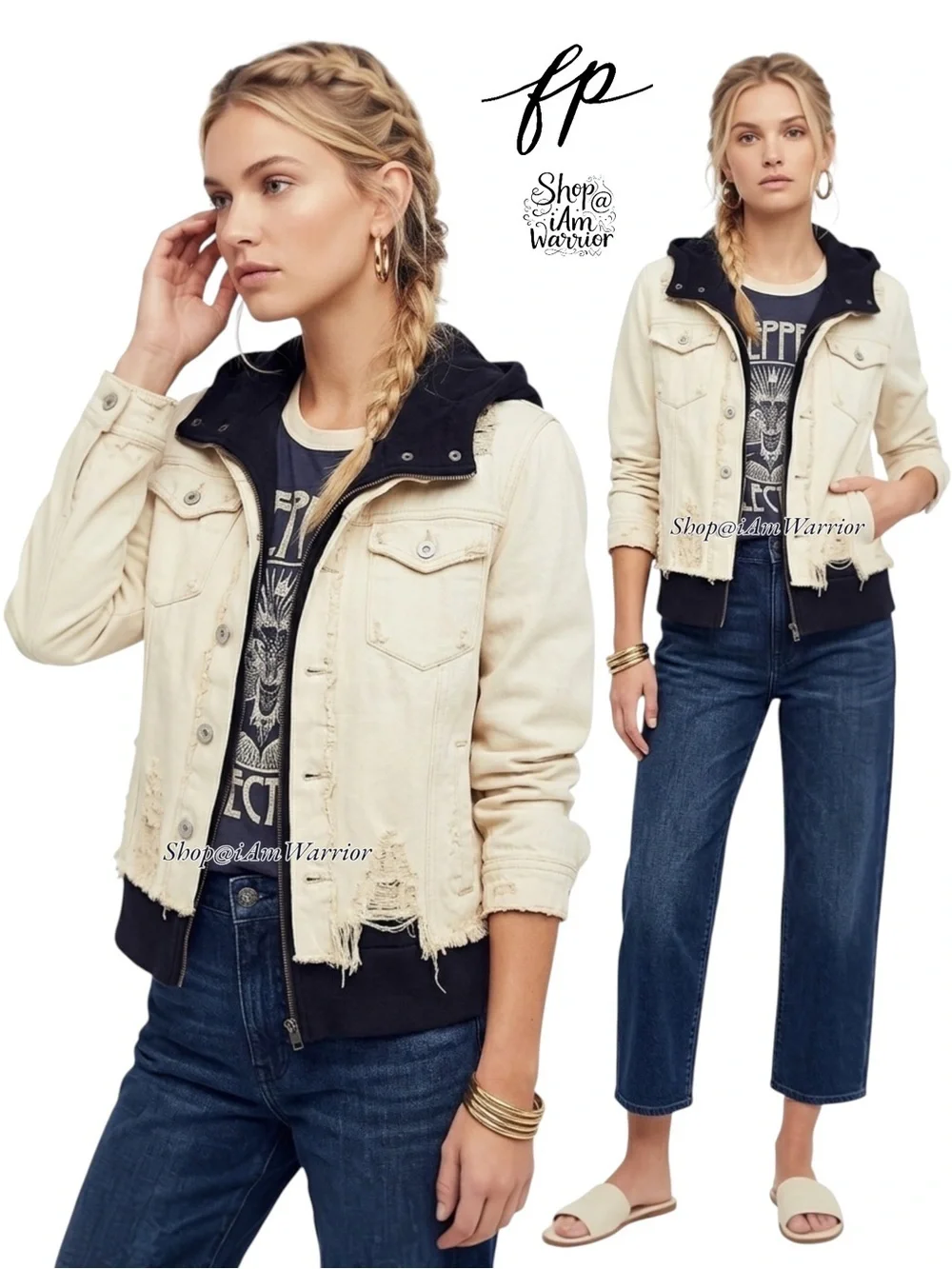 Free People Distressed Cropped Denim Jacket w/ Hooded Layer *shop@iamwarrior - Picture 1 of 10